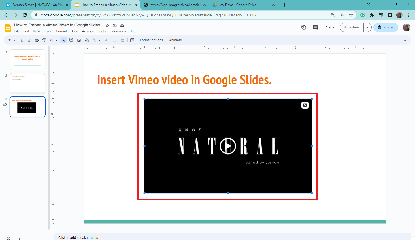 Move and adjust the video, once you embedded video in your Google Slides presentation