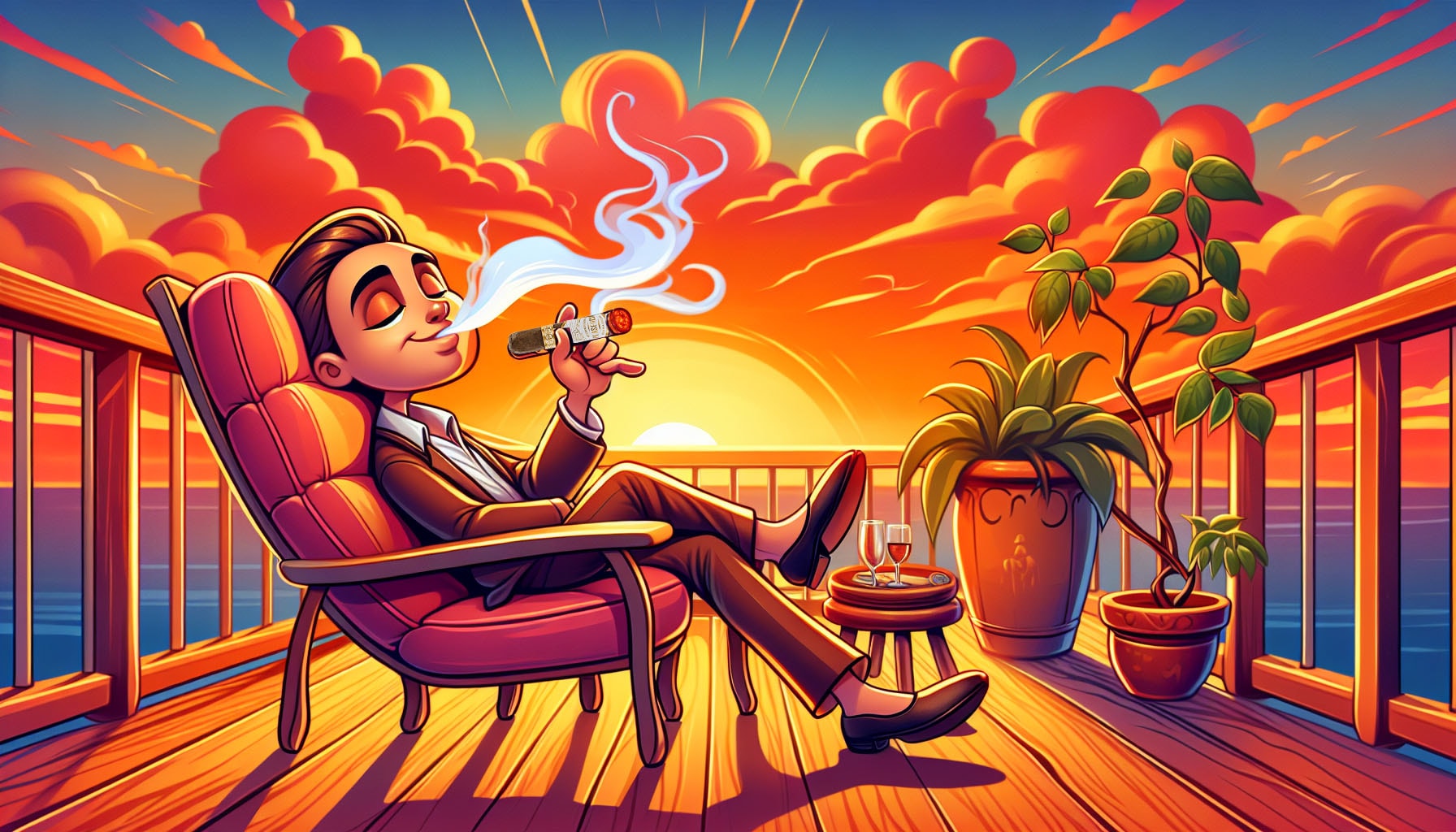 A cartoon depicting a person enjoying a Plasencia Reserva Original Churchill cigar during a smoking session.