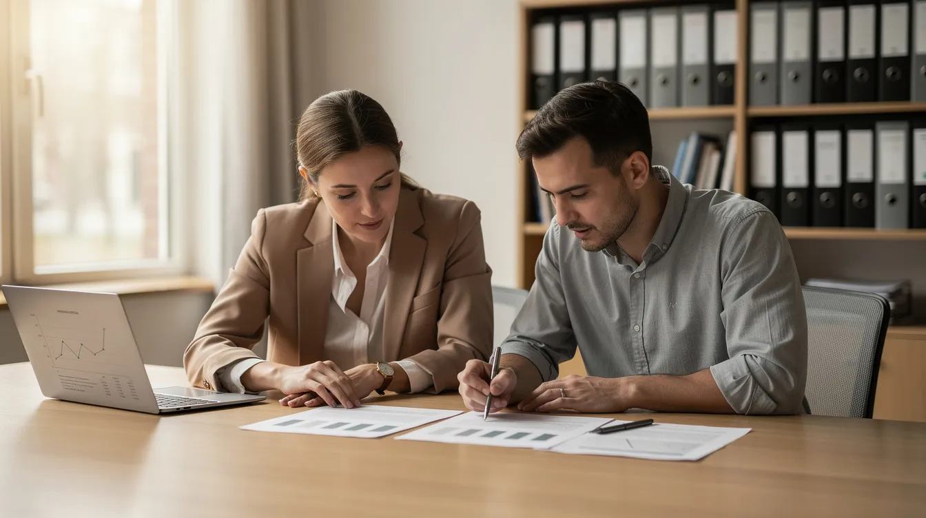 Een financieel adviseur en een klant bekijken samen documenten in een rustige kantooromgeving, waarbij ze zich richten op de financiële situatie van de klant en het opstellen van een financieel plan. Dit eerste gesprek kan helpen om verrassingen achteraf te voorkomen en inzicht te geven in de kosten van financieel advies.