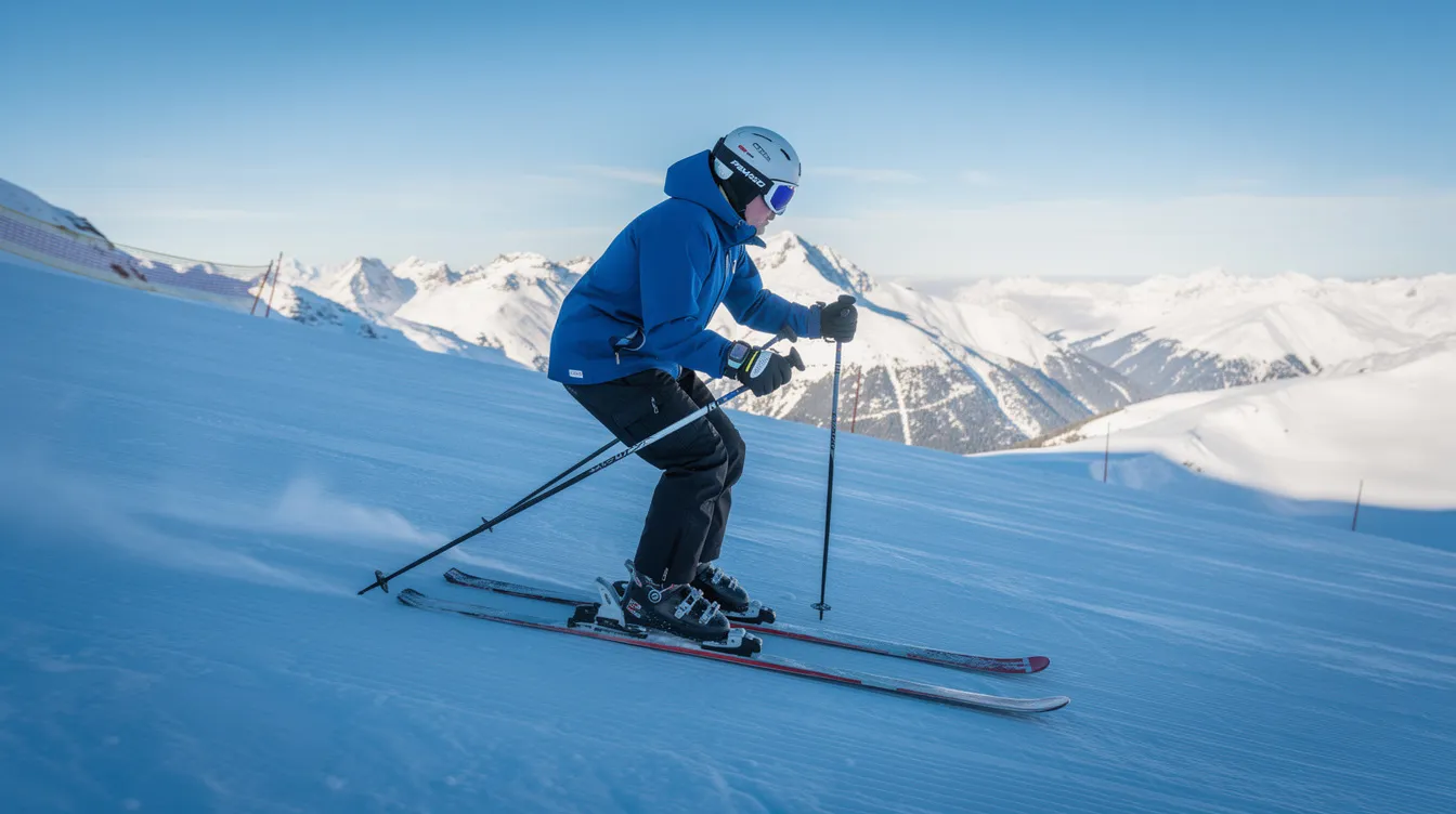 Ein Skifahrer befindet sich in korrekter athletischer Grundhaltung auf einer blauen Piste, bereit zum Kurvenfahren. Die Technik des Pflugs wird angewendet, um die Geschwindigkeit zu kontrollieren und sicher zu bremsen.