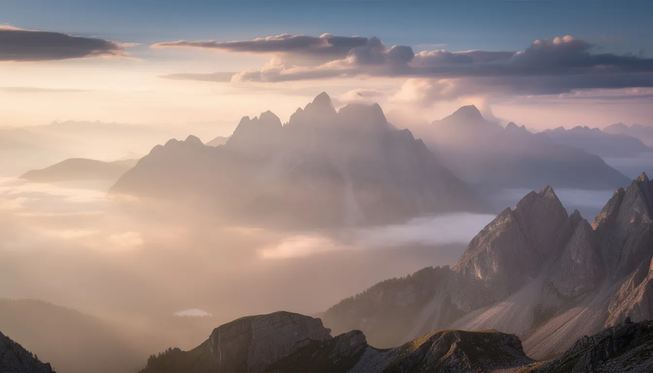 La imagen muestra picos montañosos envueltos en niebla iluminados por la suave y dorada luz del amanecer que se filtra entre las nubes, creando una vista serena y colorida que inspira una mentalidad positiva. Esta escena cautivadora sirve como una obra de arte que puede realzar cualquier oficina o espacio habitable, aportando energía y una sensación de tranquilidad al mundo que te rodea.