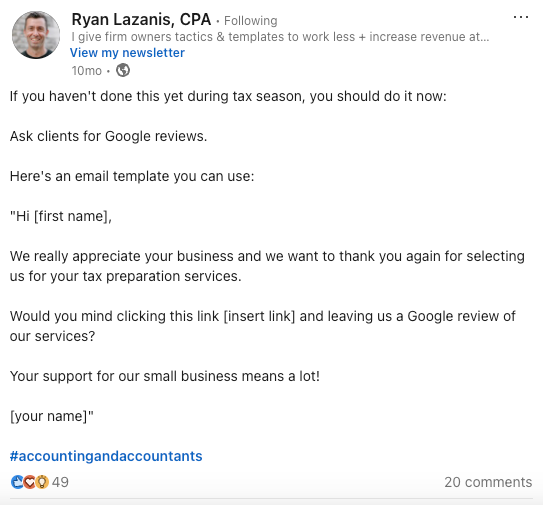 LinkedIn post by Ryan Lazanis about a template you can use to get more Google reviews