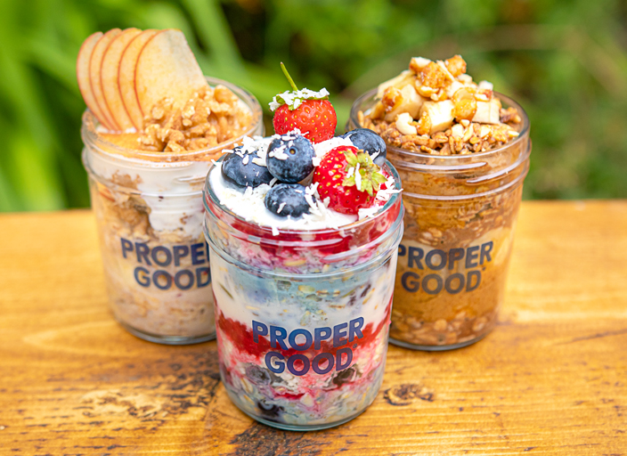 Three jars of Proper Good's Overnight Oats