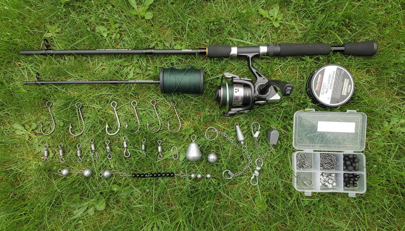 Na trawie rozłożony jest zestaw wędkarski na suma, składający się z wędki, solidnego kołowrotka, grubej plecionki oraz różnych akcesoriów, które są niezbędne do skutecznego łowienia suma. W skład zestawu wchodzą także sztuczne przynęty oraz ciężarki, które mogą pomóc w złowieniu pokaźnego suma w zbiornikach zaporowych.