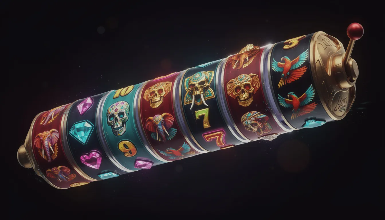 En färgglad samling av spelautomater med hjul som visar livfulla symboler som skallar, elefanter och fåglar mot en mörk bakgrund. Denna bild representerar en del av Thunderkick slots och deras unika teman, perfekt för casinospelare som söker spänning och underhållning.