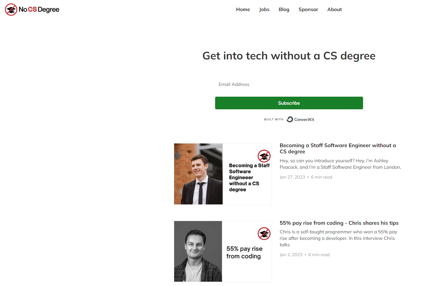 The landing page of the No CS Degree blog from @PeteCodes