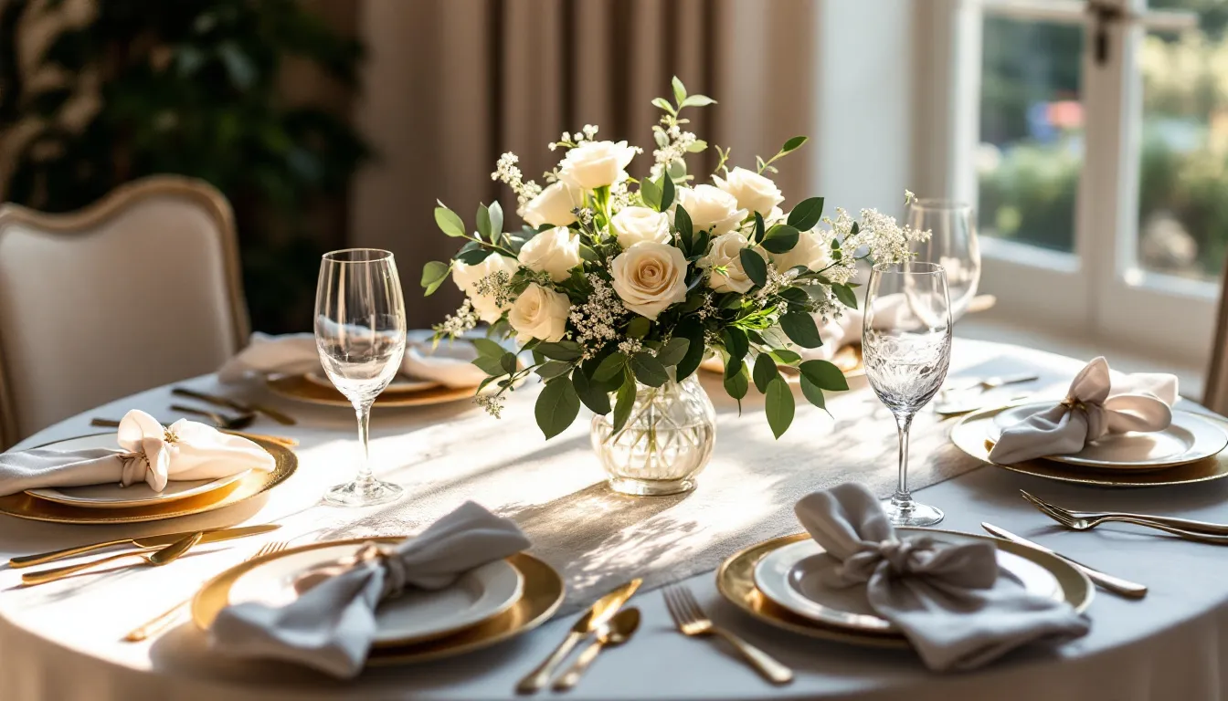 An intimate wedding reception table setting is beautifully arranged with elegant details, bathed in natural lighting. The scene features a cozy indoor reception space, perfect for small weddings, creating a romantic setting for couples and their loved ones to celebrate their special day.
