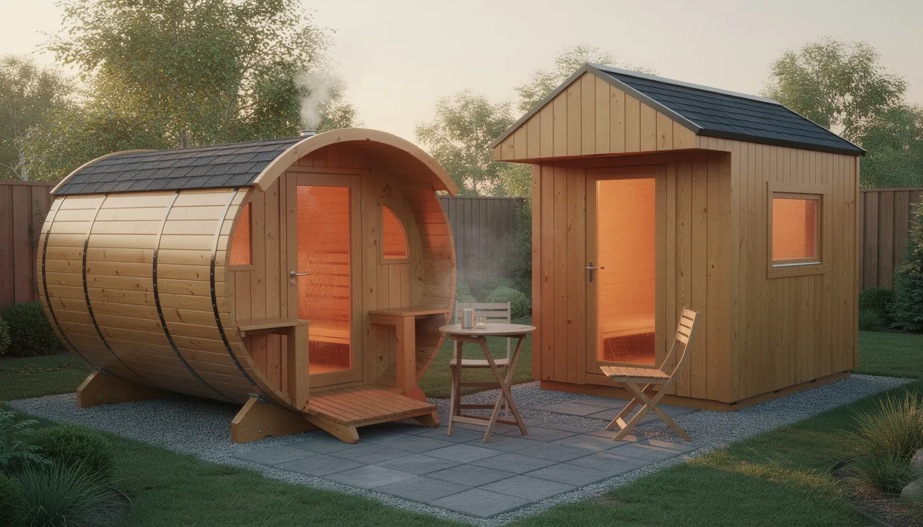 The image shows a comparison between a barrel shaped sauna and a traditional square sauna set in an outdoor backyard environment. The barrel sauna features curved walls and a rustic charm, while the square sauna has flat walls, highlighting the differences in aesthetic appeal and design efficiency for a proper sauna experience.