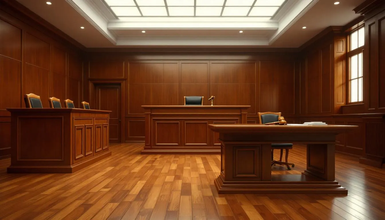 The image depicts a courtroom setting featuring a judge's bench, a jury box, and a defendant's table, illustrating the legal proceedings related to charges of contributing to the delinquency of a minor. This environment highlights the serious legal implications and potential penalties under state or federal law for individuals accused of inducing or encouraging delinquent behavior in minors.
