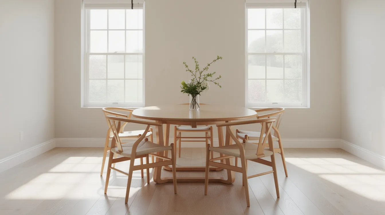 Een ovale houten eettafel voor vier personen staat centraal in een ruime eetkamer, omringd door vier eetkamerstoelen. Het natuurlijke licht dat de ruimte binnenvalt creëert een gezellige sfeer, perfect voor een maaltijd met vrienden of familie.
