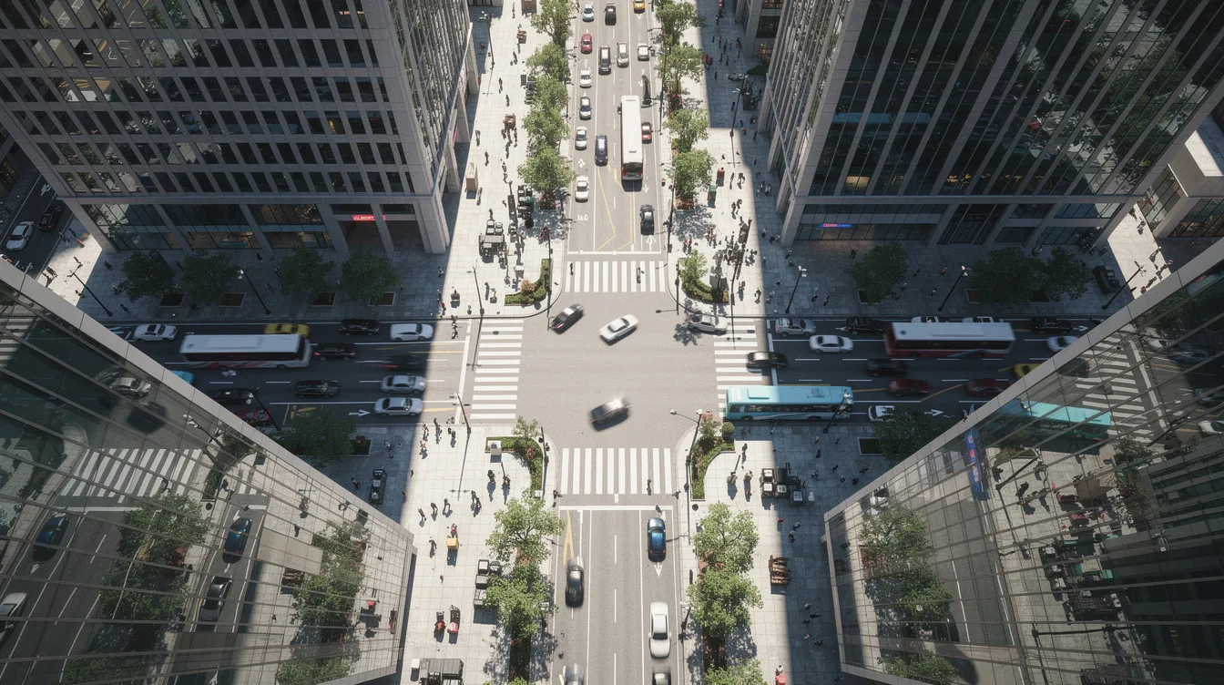 An aerial view captures a bustling city center filled with modern office buildings and crowds of people walking along wide sidewalks. This vibrant scene reflects the dynamic atmosphere of urban life, where individuals may be heading to various destinations, including visa application centers for their UK visa application process.