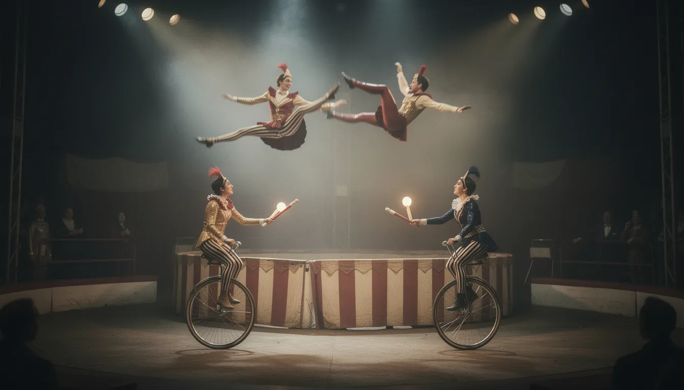 The image depicts vintage circus performers illuminated by dramatic spotlights, showcasing acrobatic figures in dynamic motion. This captivating scene captures the essence of a vintage poster, celebrating the beauty and excitement of circus life with period-specific details.