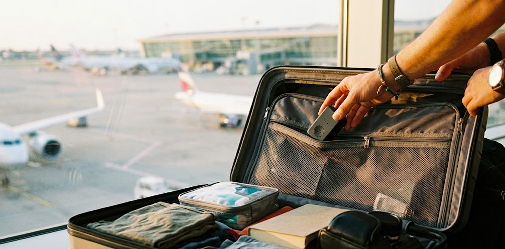 Traveler placing GPS tracker inside suitcase inner pocket before checking luggage at airport