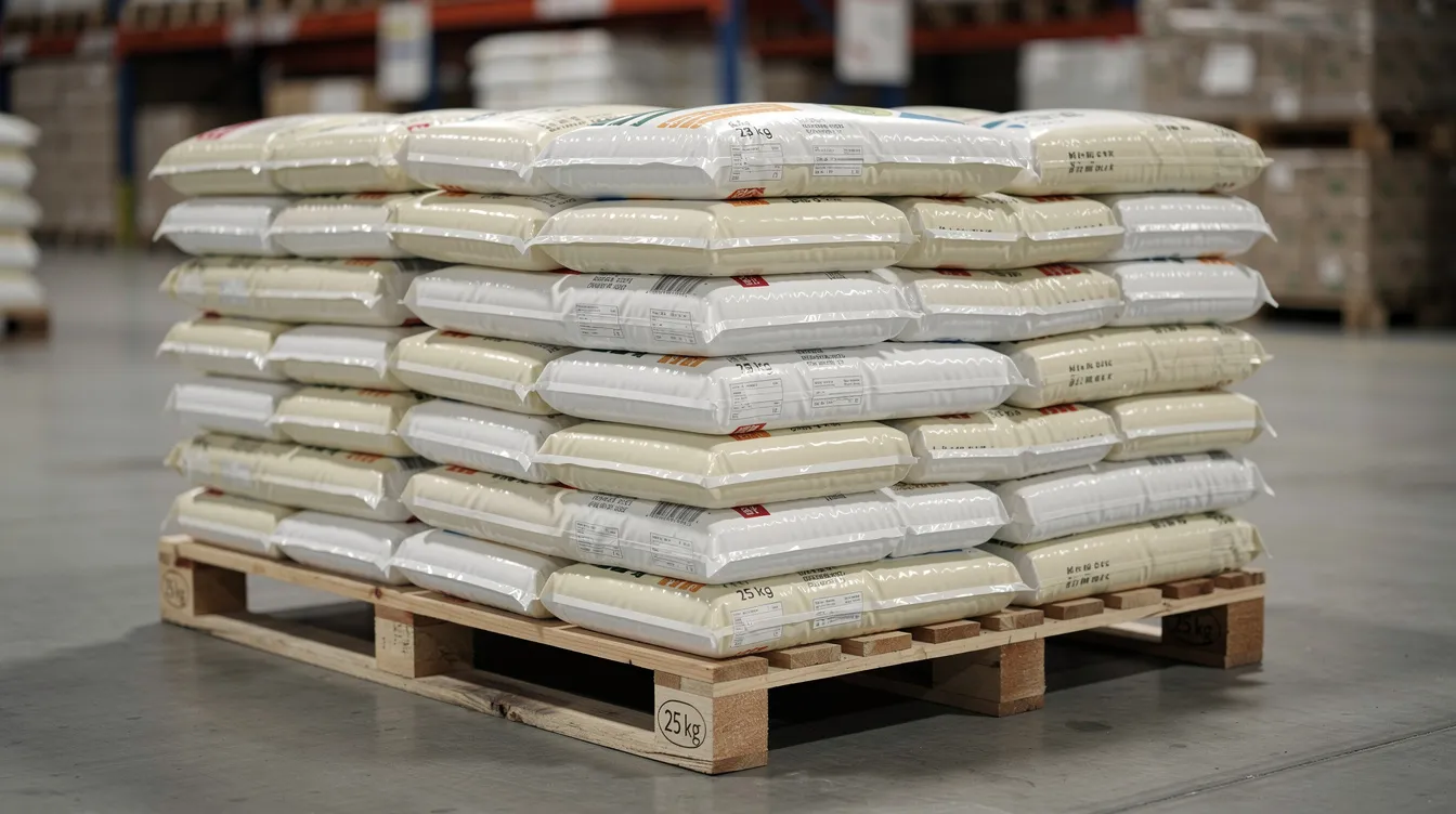 14446325 6733 4047 9f98 b4d1d23bd8d0 The image shows rows of sealed milk powder bags stacked on a warehouse pallet, ready for distribution in the milk powder manufacturing plant. These bags represent a variety of milk powder products, including skimmed and whole milk powder, prepared for the global milk powder market.