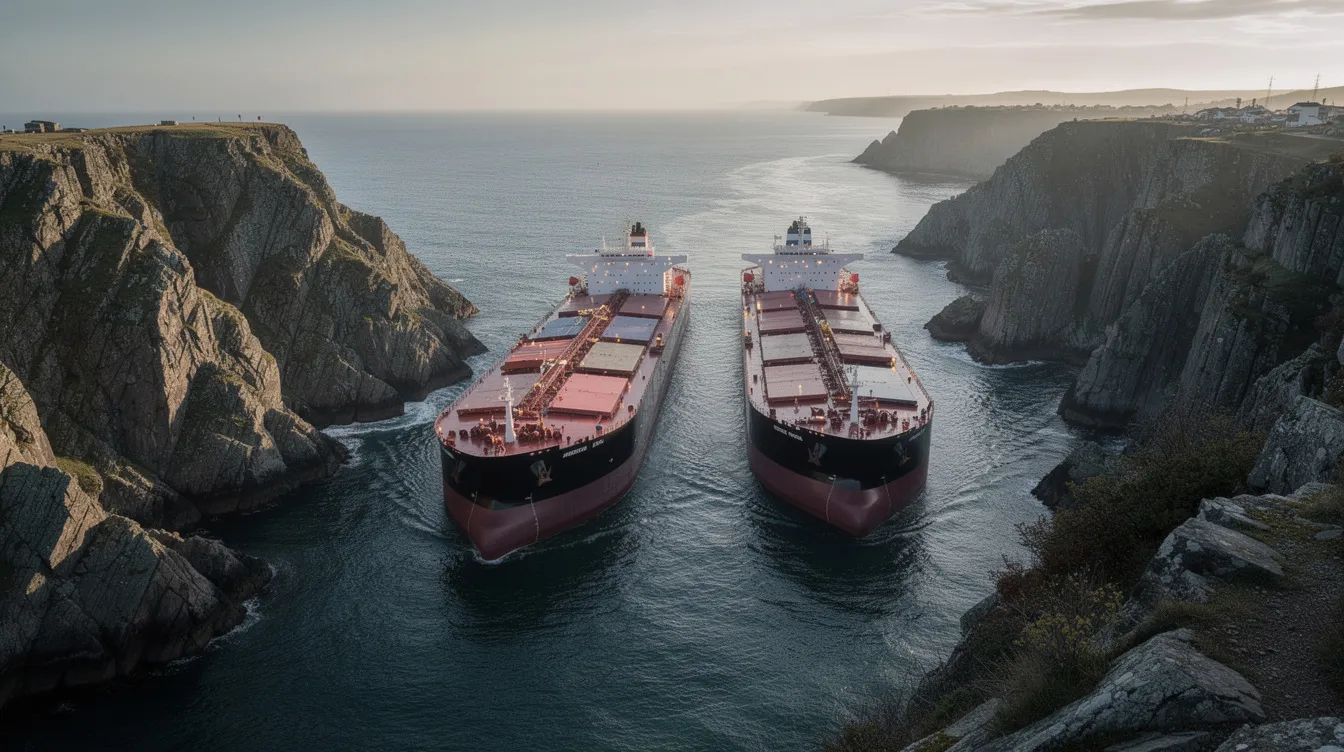 The image depicts large oil tanker ships navigating through a narrow waterway flanked by rocky coastlines, illustrating the strategic importance of maritime routes in the region, particularly in the context of tensions between the United States and Iran over oil transportation through the Strait of Hormuz.