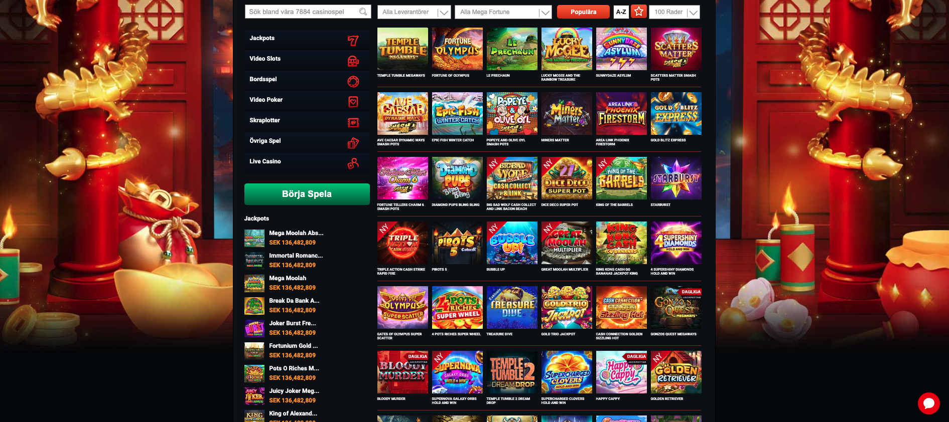 Stort utbud av slots hos Mega Fortune med populära och nya casinospel