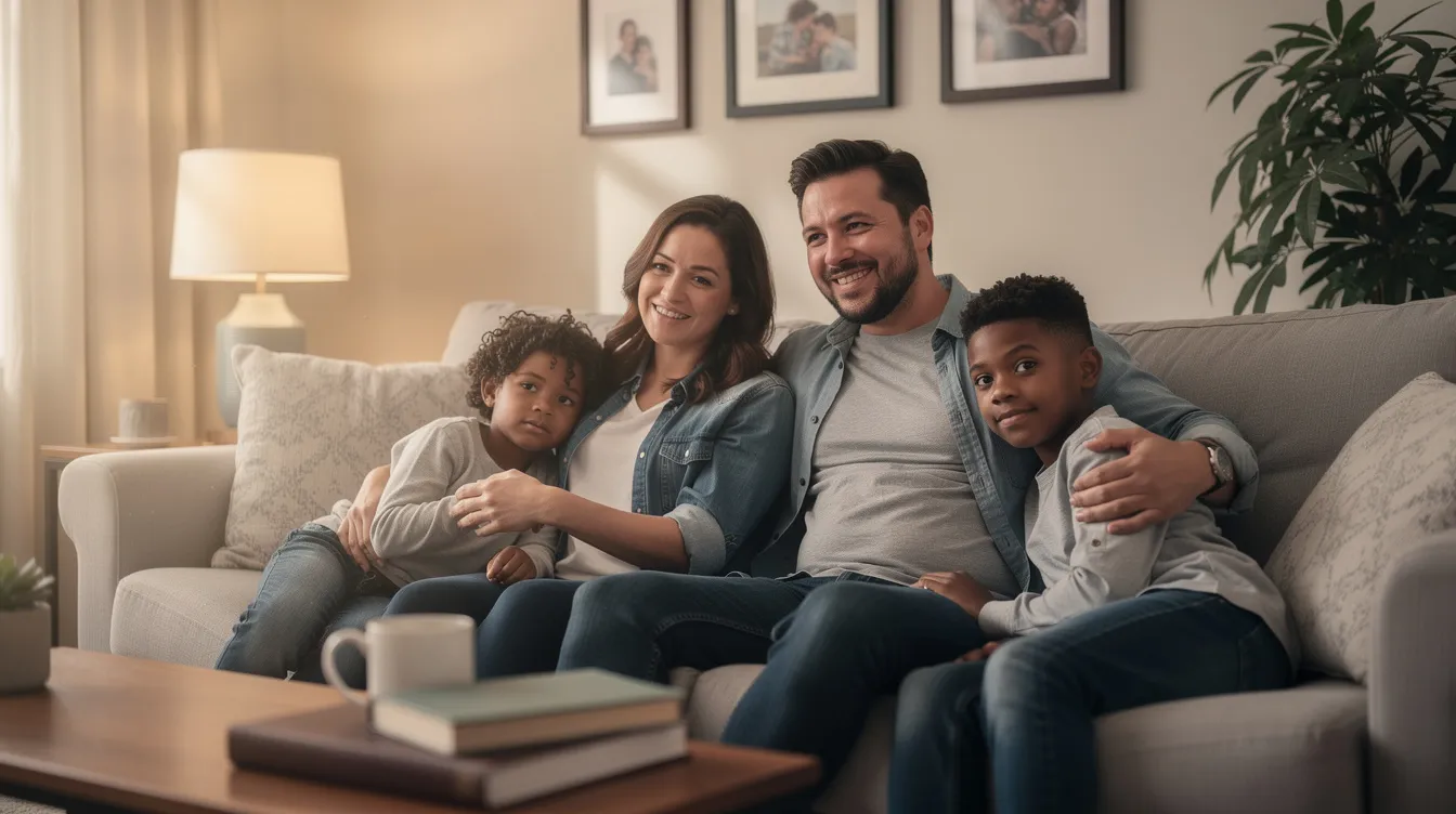 The image depicts a family sitting together in a cozy living room, exuding a sense of relief and hope as they discuss their future, possibly related to social security disability benefits. Their expressions reflect the support they share, emphasizing the importance of legal guidance in navigating the complexities of disability claims.