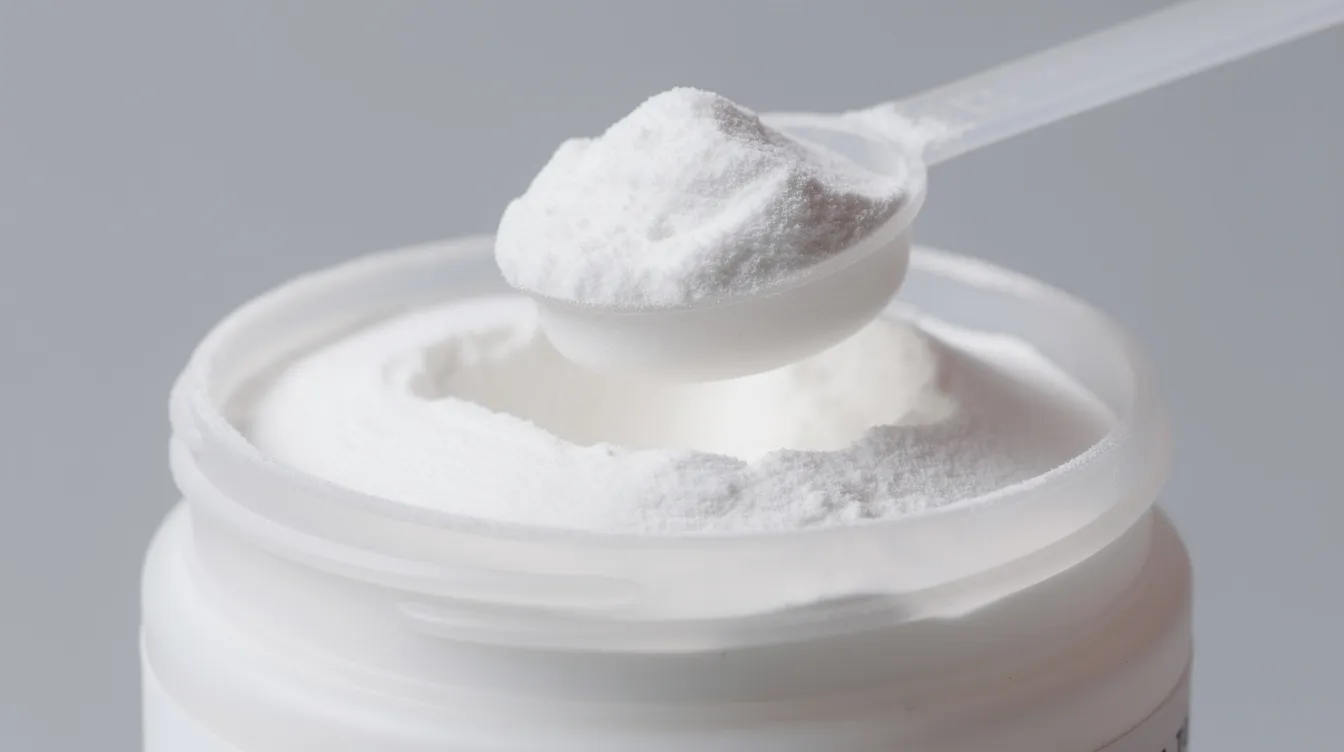 A close-up view of collagen peptide powder being scooped from a container, highlighting the fine texture of the powder that is often used in oral collagen supplements to support skin elasticity and joint health. This image emphasizes the importance of collagen supplementation in a healthy diet for improving skin texture and reducing signs of aging.