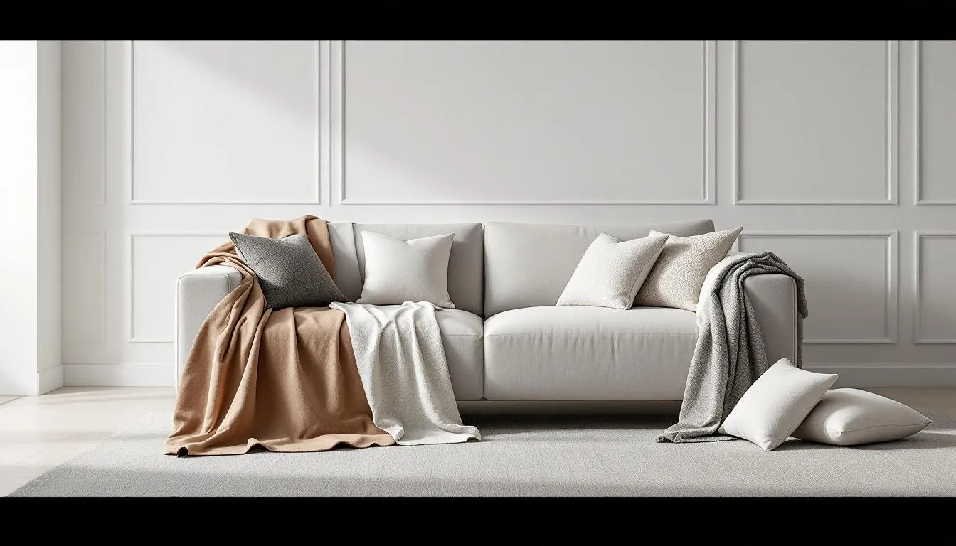 Various upholstery options for sofas displayed in a stylish setting.