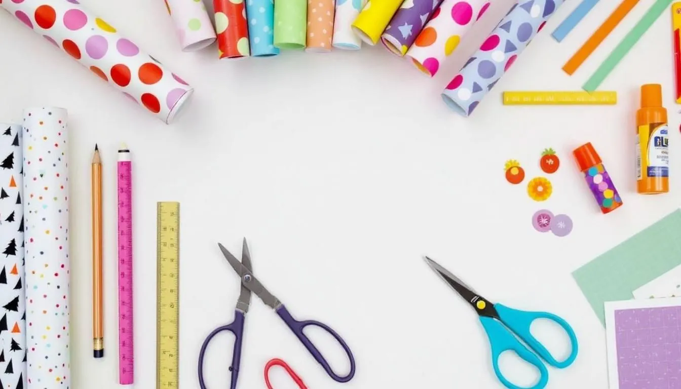 A collection of materials needed to make mini gift bags out of wrapping paper.