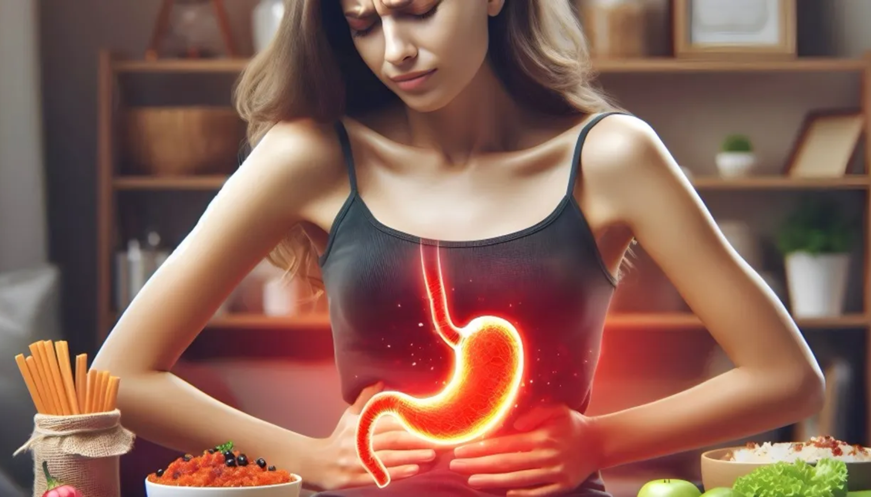 Kvinne med magesmerter holder magen, illustrasjon av mageorgan viser ubehag etter måltid.