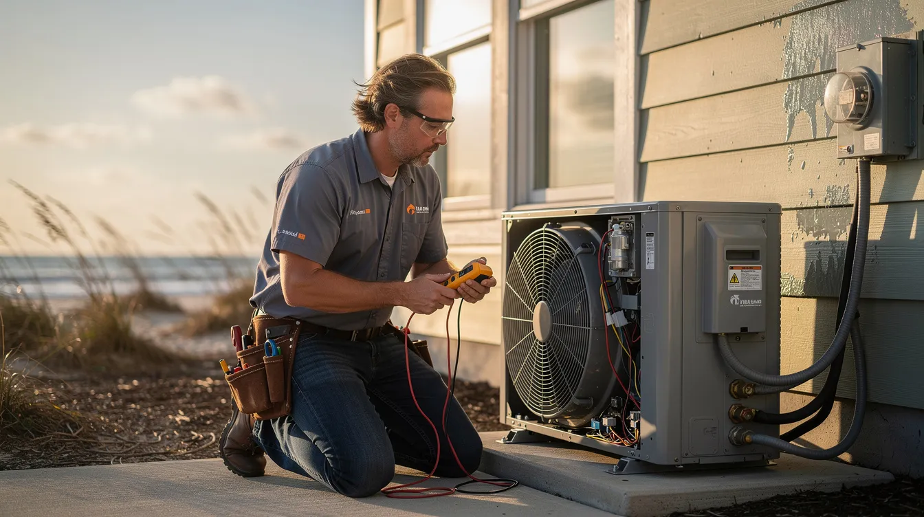 A technician is inspecting an outdoor air conditioner condenser unit at a coastal home in Noordhoek, Cape Town, using professional equipment to ensure its performance and safety. The expert technician is checking for any faults and advising on necessary air conditioning service and repairs.