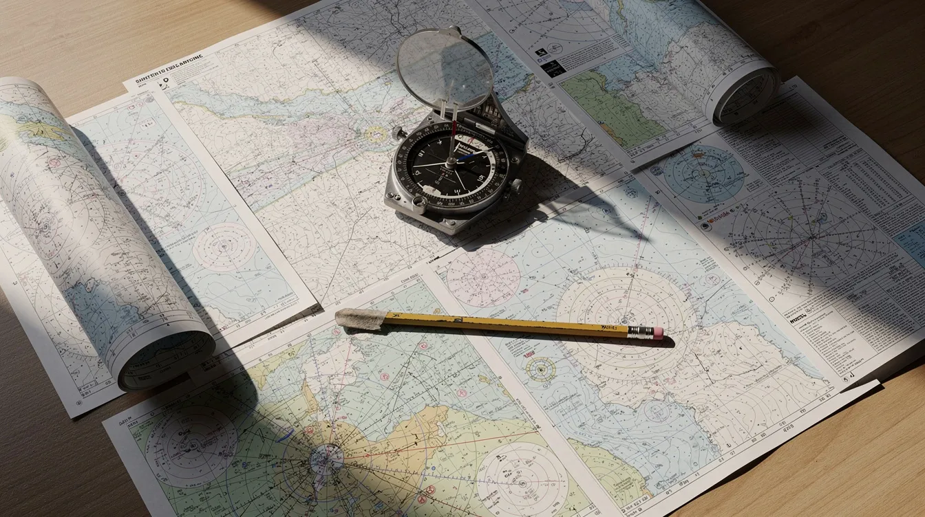The image shows aviation sectional charts and approach plates laid out on a table alongside a pencil and flight computer, essential tools for pilots preparing for instrument rating exams and ground school training. These materials serve as references for understanding instrument procedures and regulations necessary for passing the FAA written exam.