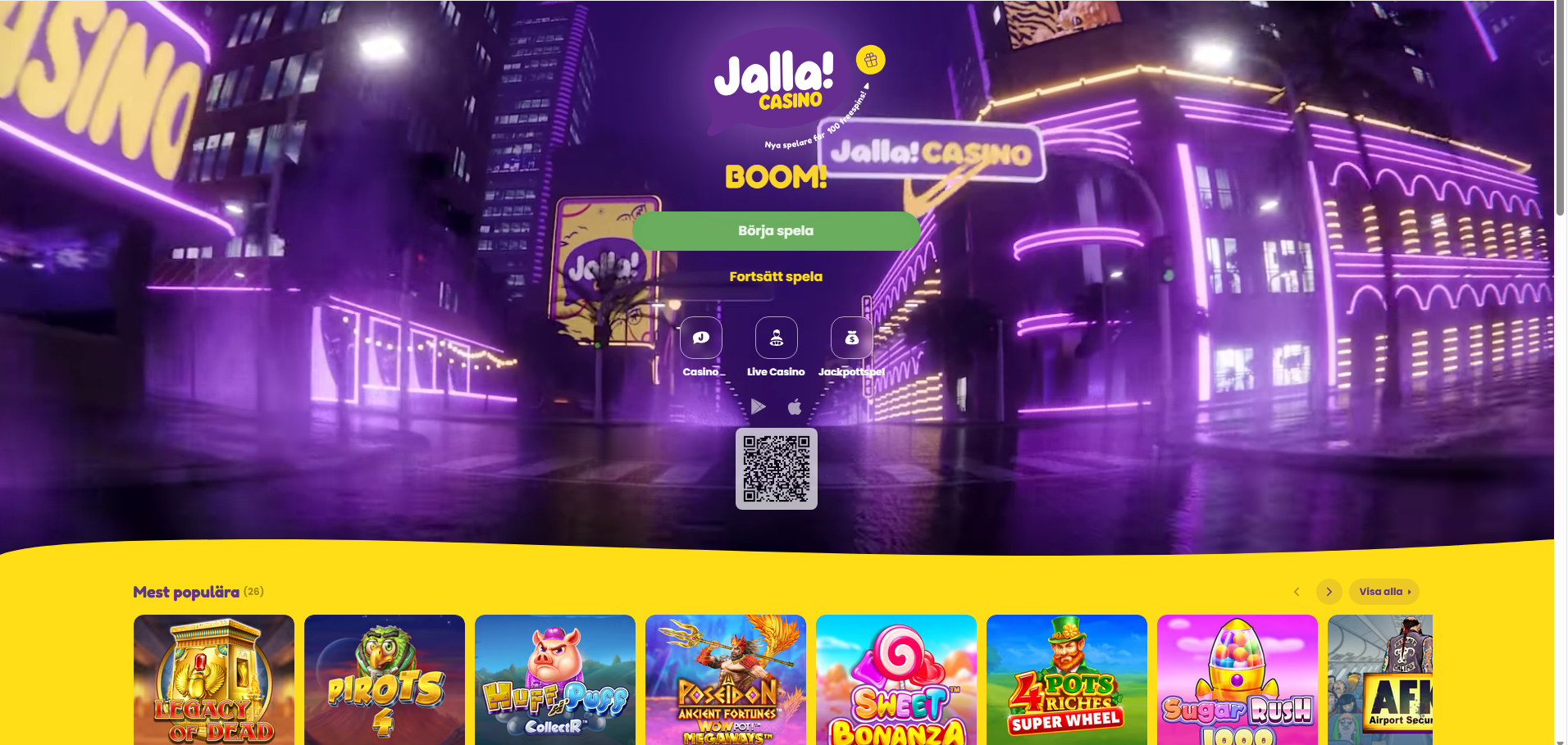 Jalla Casino startsida, med börja spela knapp och ett visst spelutbud.