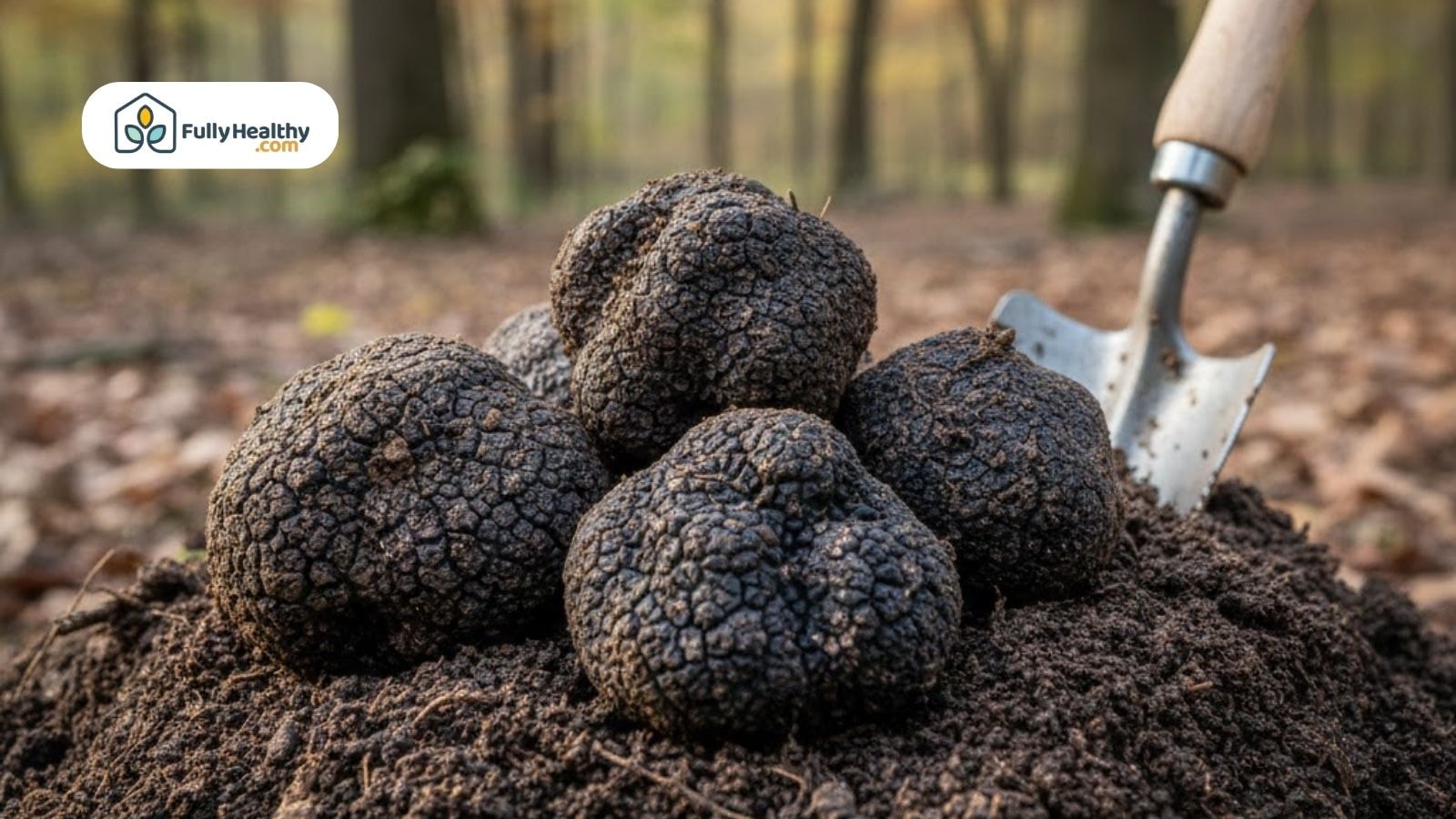 Black truffles freshly harvested from forest soil showing where are truffles found underground near tree roots.