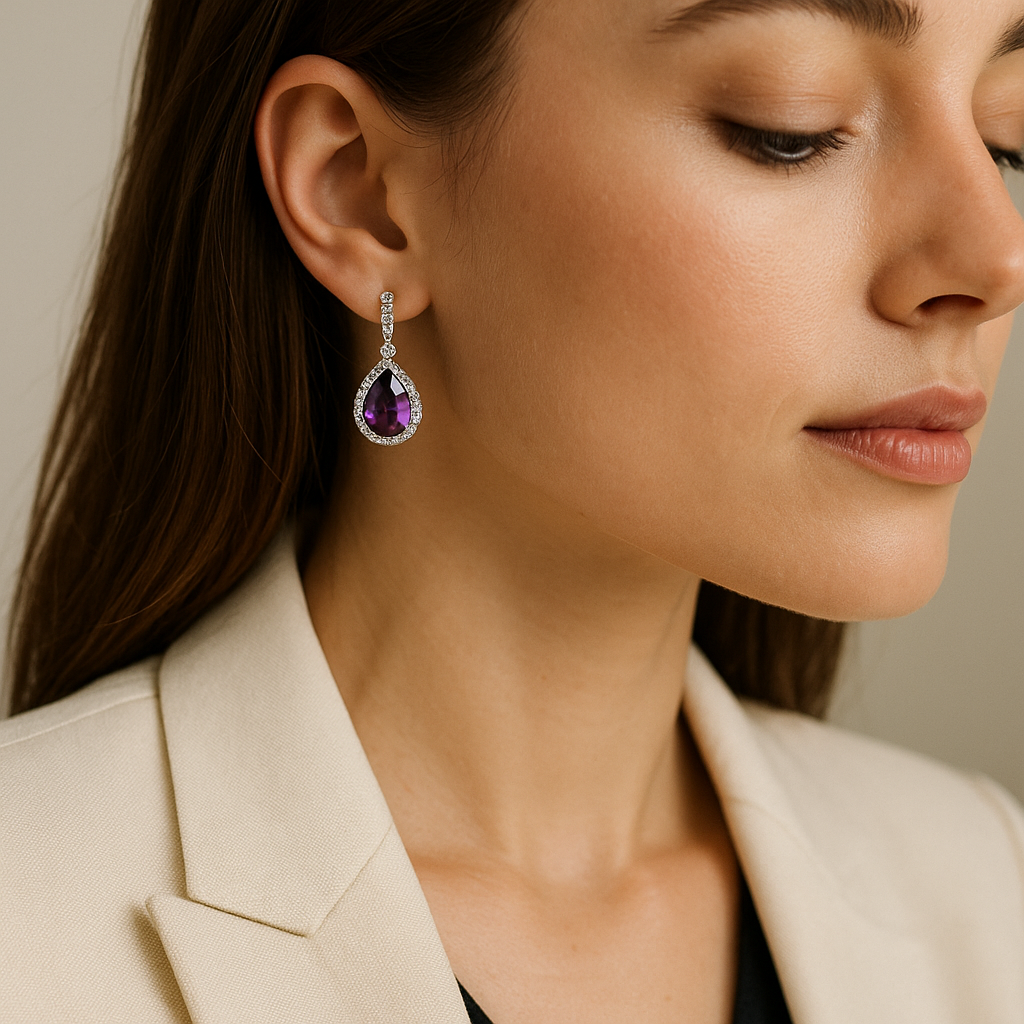 Stilingos moters portretas su balto aukso auskarais, puoštas lašelių formos violetiniais safyrais, subtiliai žėrinčiais šviesoje