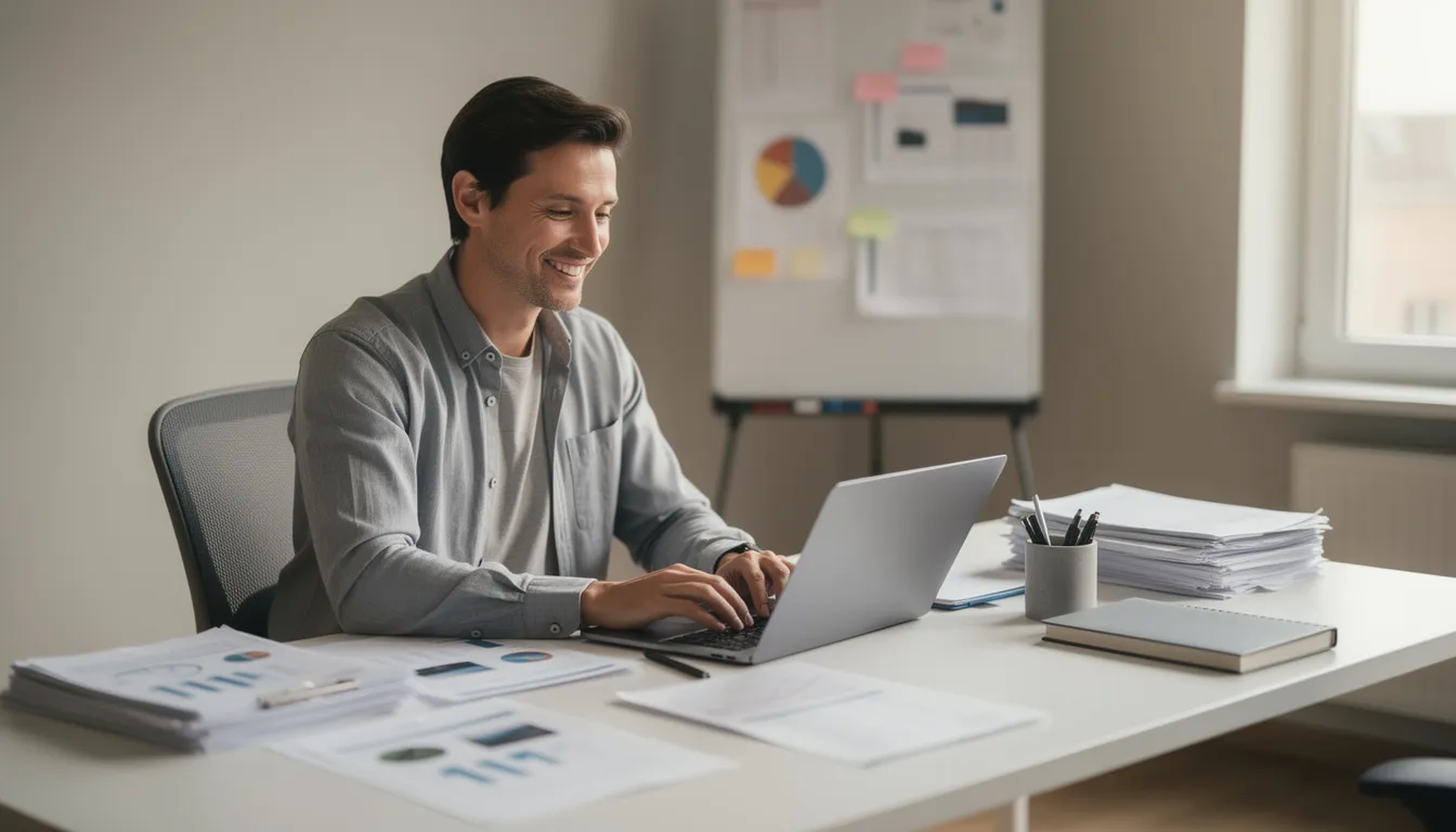 A confident small business owner sits in a modern office, smiling as they review financial documents on a laptop after securing funding. The organized workspace, illuminated by soft natural light, reflects a commitment to future growth and success in the industry.