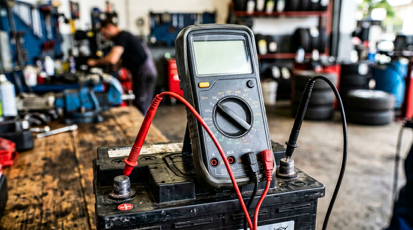 Мултиметър измерва напрежението на 12V автомобилен акумулатор с сонди на клемите