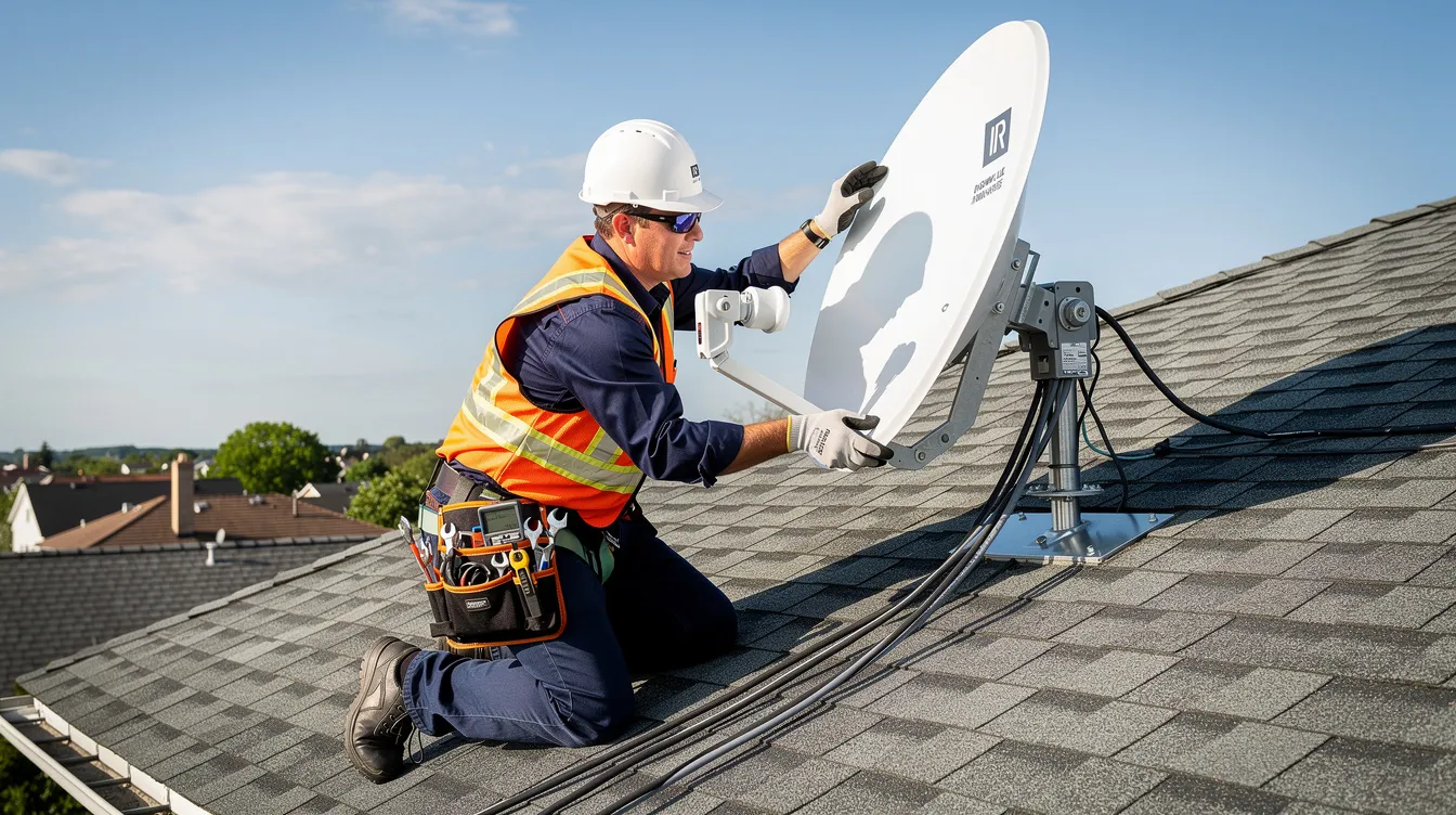 A repair technician is seen adjusting a satellite dish on a roof, ensuring proper alignment for optimal signal strength. This professional installation is crucial for reliable DSTV service and uninterrupted entertainment in Mitchells Plain.