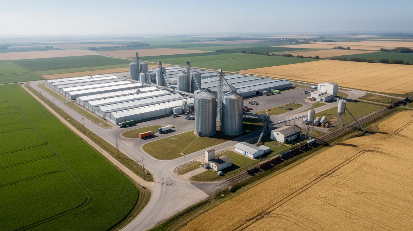14512202 1c2f 4600 ab36 3f7052d6e692 An aerial view captures a large grain storage and processing facility, featuring steel silos and warehouses amidst vast agricultural land. This infrastructure plays a crucial role in the food supply chain, ensuring efficient grain cleaning, storage, and processing to minimize post-harvest losses and support food security.