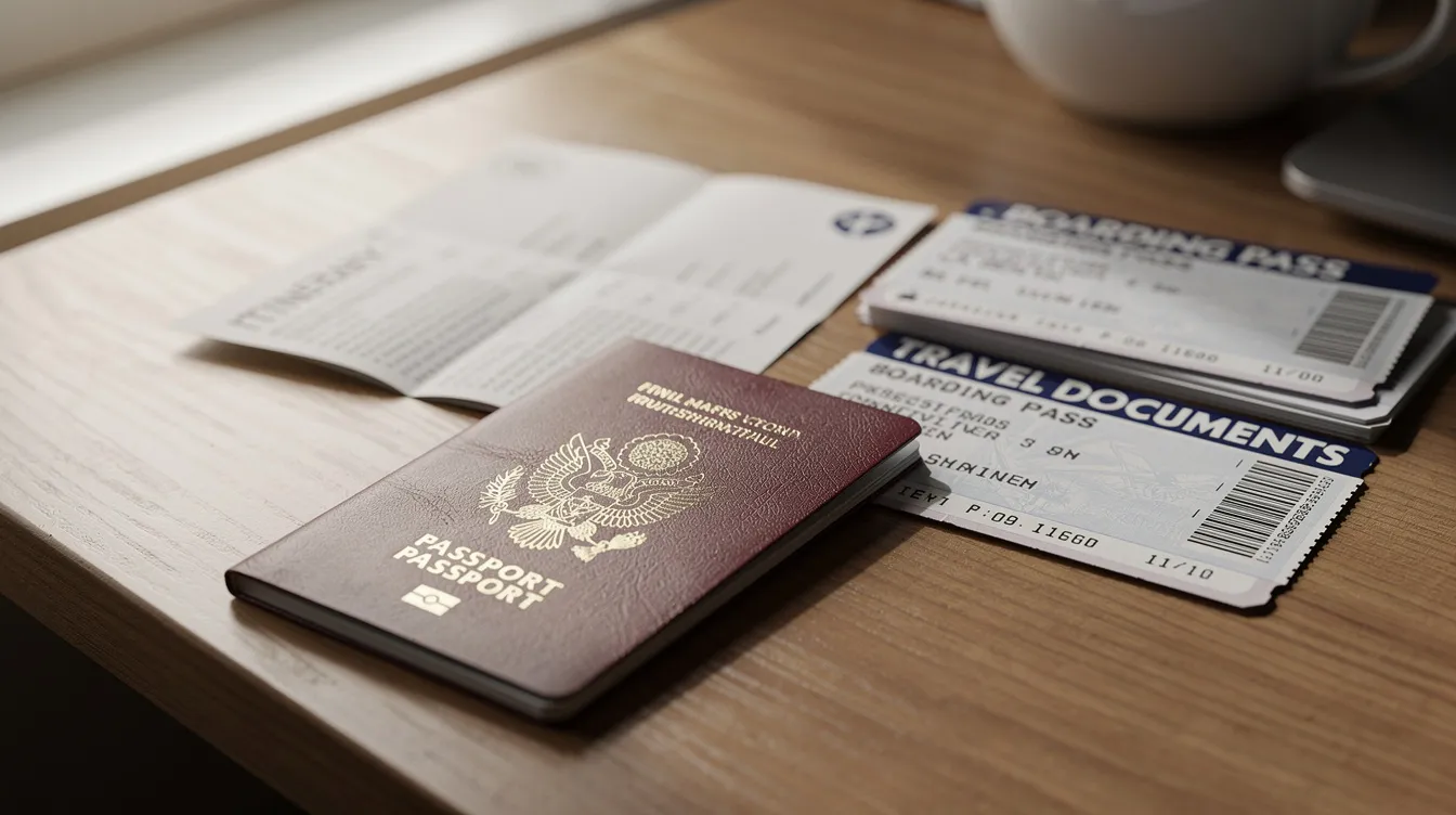 The image shows a valid passport alongside boarding passes and various travel documents arranged neatly on a desk, symbolizing preparation for a trip to Ireland or Northern Ireland. This setup highlights the importance of having all required documents for a smooth travel experience, especially for foreign nationals applying for a short stay visa.