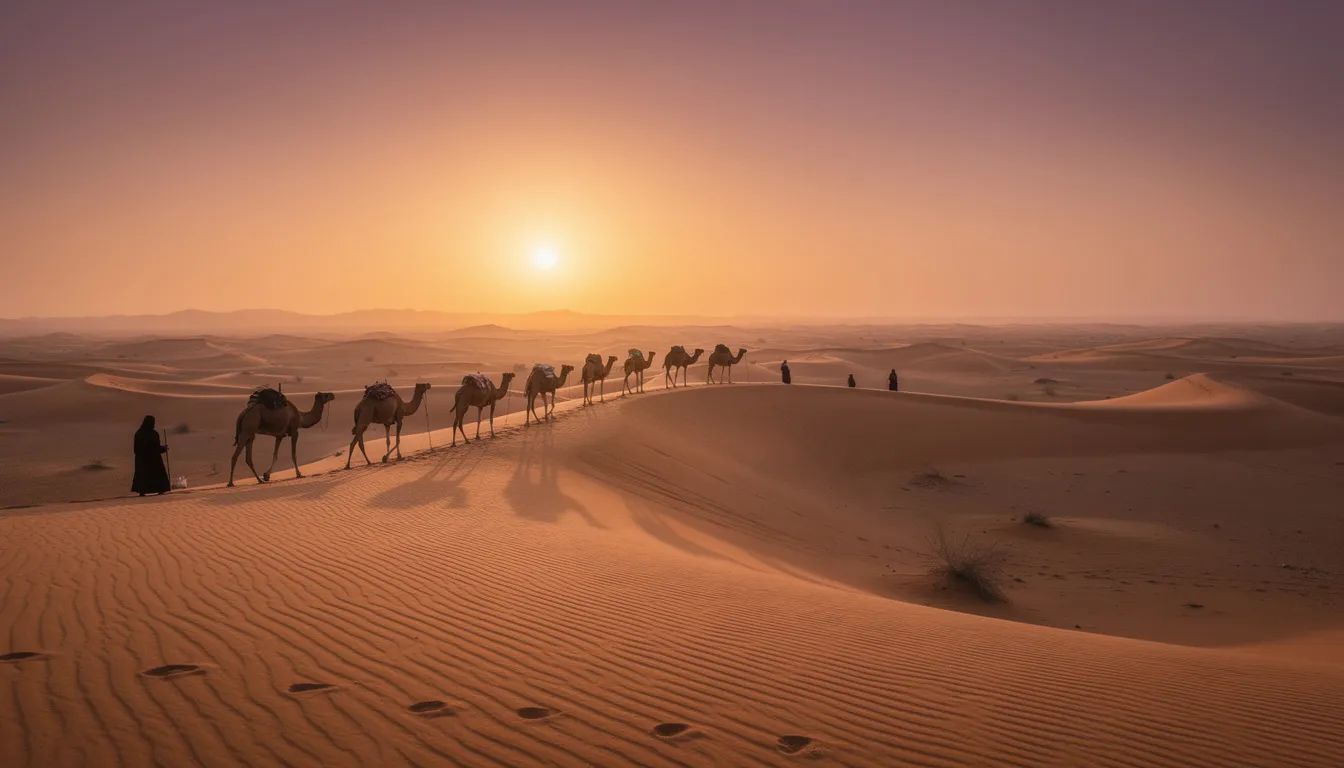 A breathtaking panoramic view of the golden sand dunes in the Sahara Desert at sunset, featuring silhouettes of camels walking in a caravan, captures the essence of a memorable adventure in North Africa. This scene highlights the beauty of the erg chebbi dunes, making it a perfect backdrop for those embarking on a Marrakech desert tour.