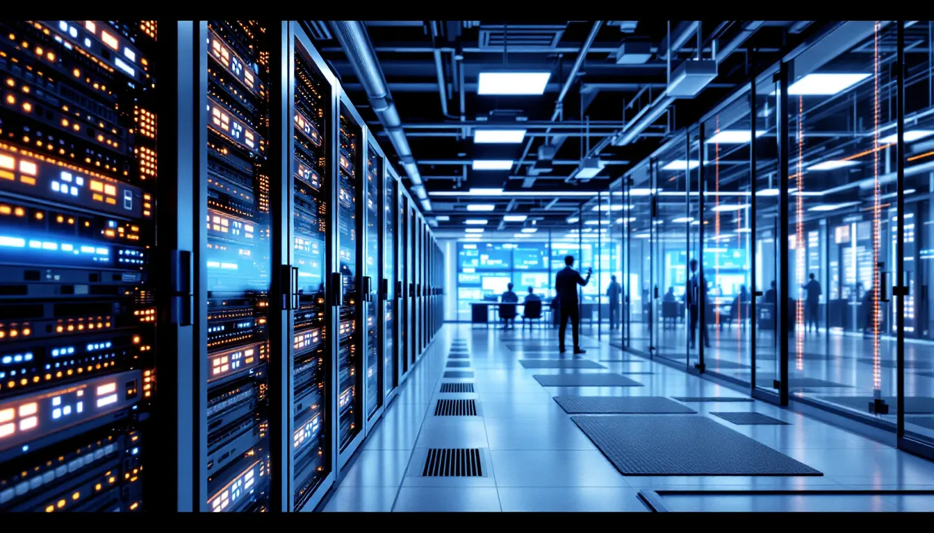 The image depicts a modern data center filled with sleek servers and a visualization of cloud connectivity, representing the integration of various data sources through platforms like Azure Data Factory. This setup illustrates advanced data transformation capabilities and the efficient movement of data across cloud platforms, emphasizing the importance of data quality management and security features in today's data-driven environment.