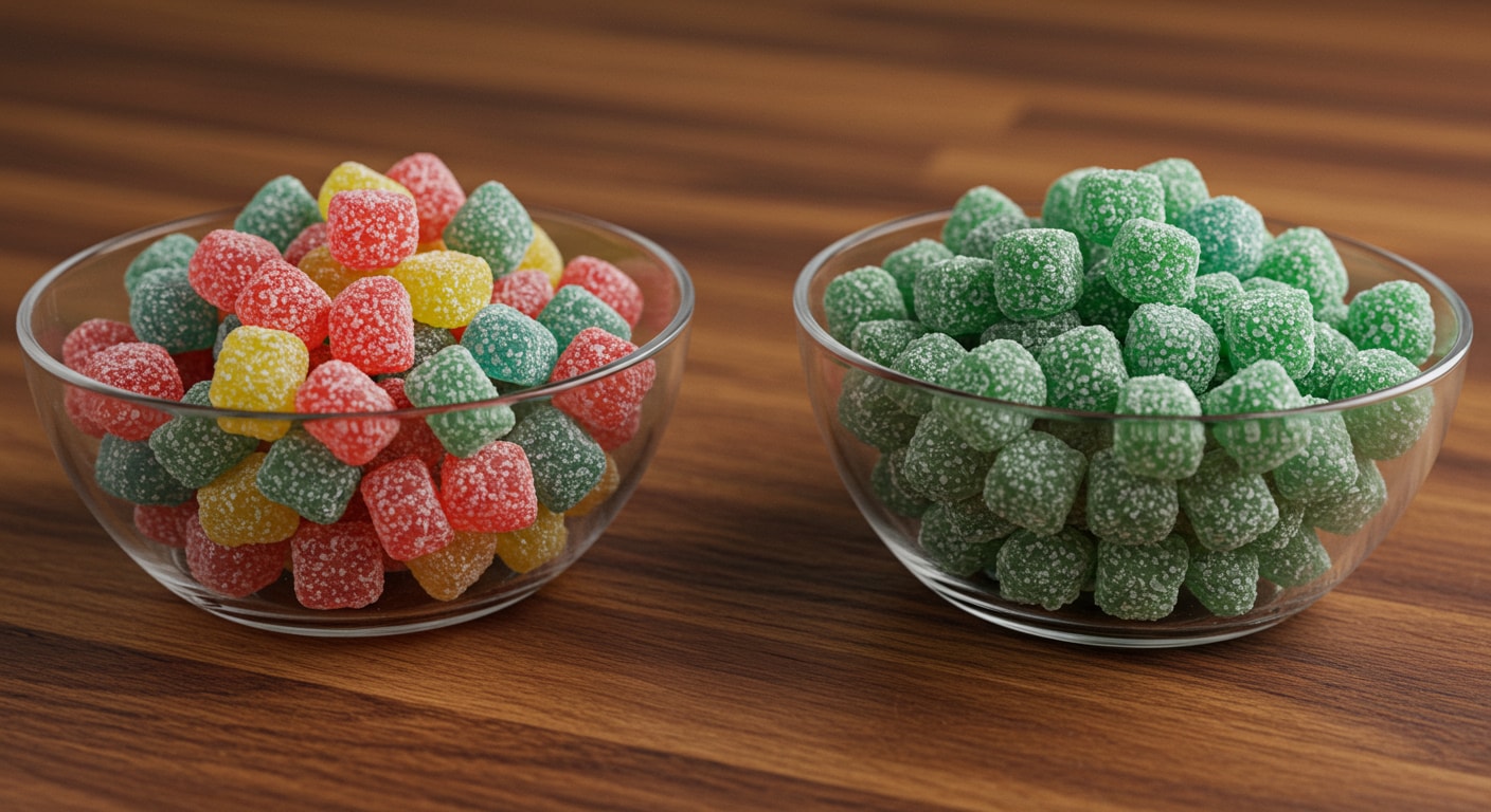 Two bowls of traditional sweet and sour gummies
