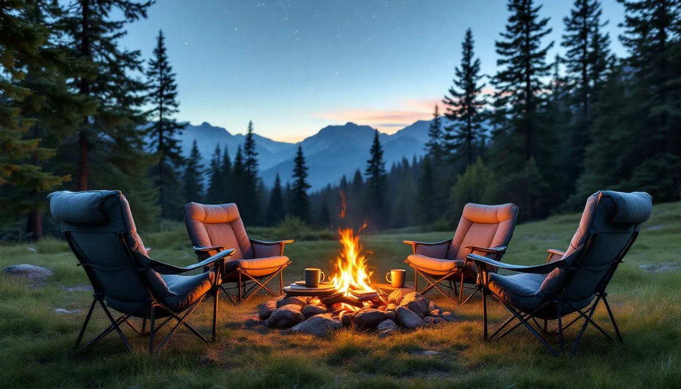 A set of comfortable padded camping chairs is arranged around a crackling campfire at a scenic campsite, inviting you to sit comfortably and enjoy the outdoor adventures. These durable and portable chairs feature spacious seats and cup holders, perfect for relaxing during your next camping trip.
