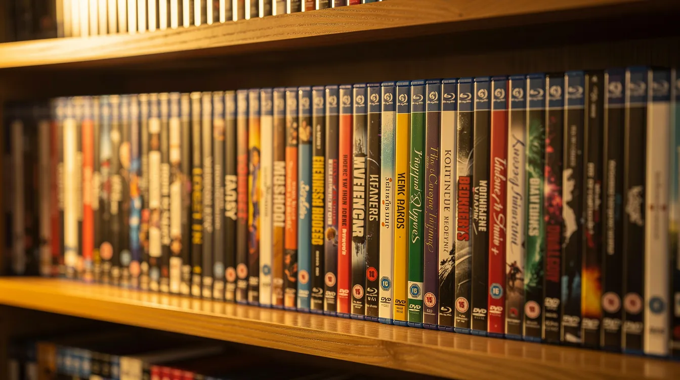 In einem warm beleuchteten Holzregal sind Filmhüllen und Blu-ray-Discs ordentlich aufgereiht, darunter Klassiker wie "On the Waterfront". Die Anordnung der Filme vermittelt ein Gefühl von Ordnung und Nostalgie, während das Licht sanfte Akzente setzt.