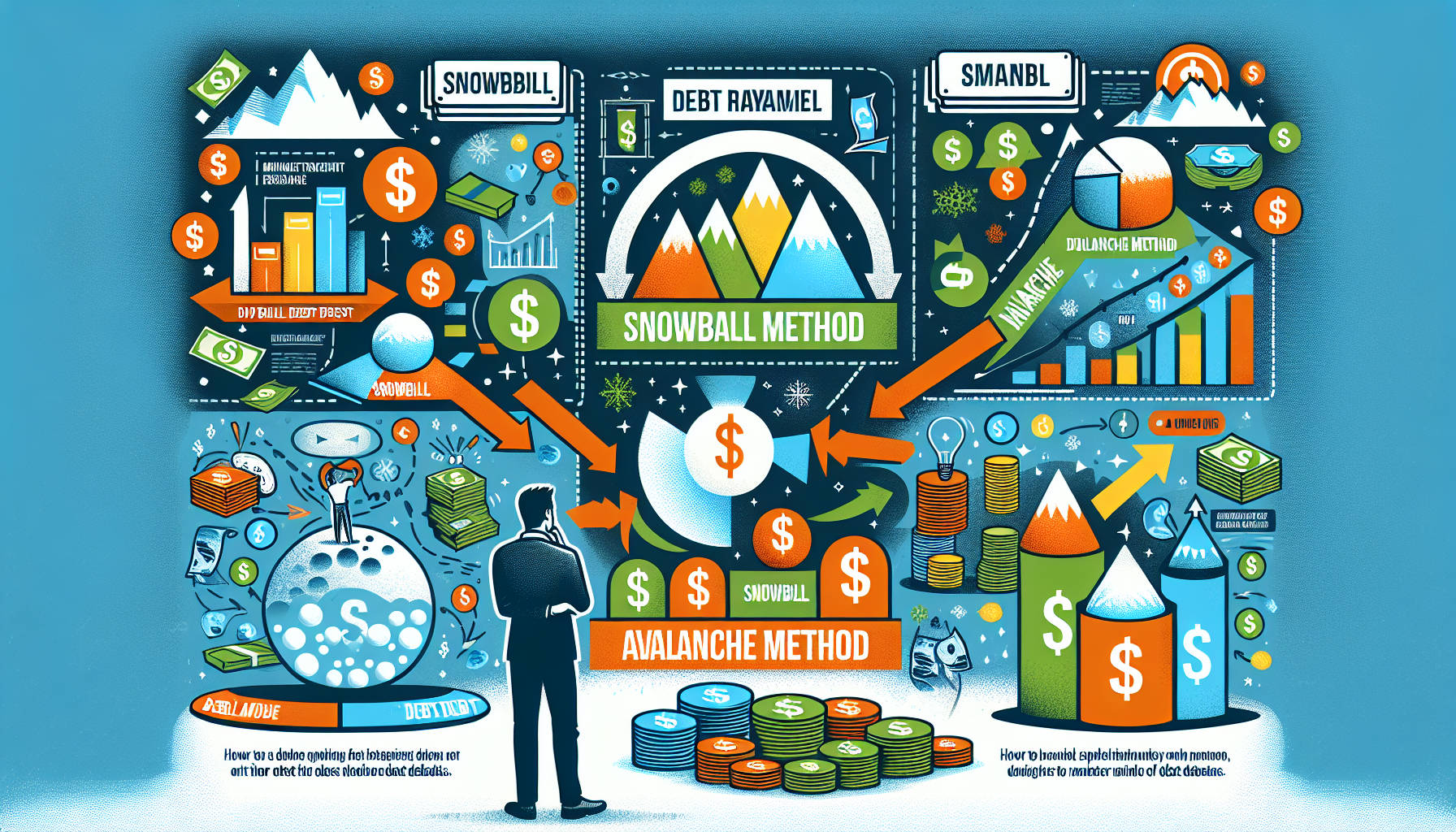 An illustration of different debt repayment strategies, highlighting the snowball and avalanche methods.