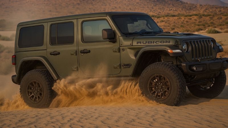 A Jeep Wrangler wrapped in military green wrap