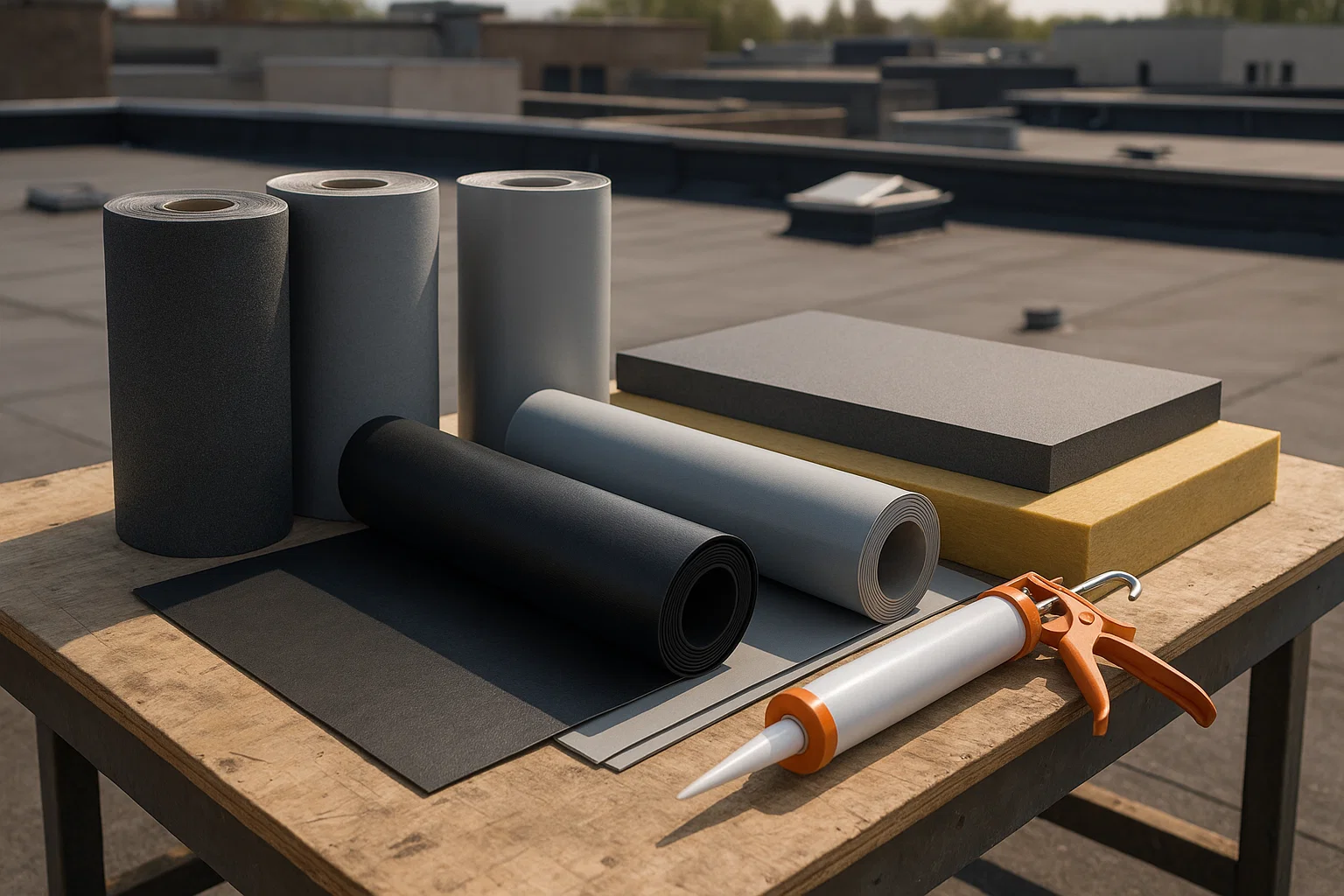 Various roofing materials including membranes, insulation, and waterproof layers used in flat roof construction.