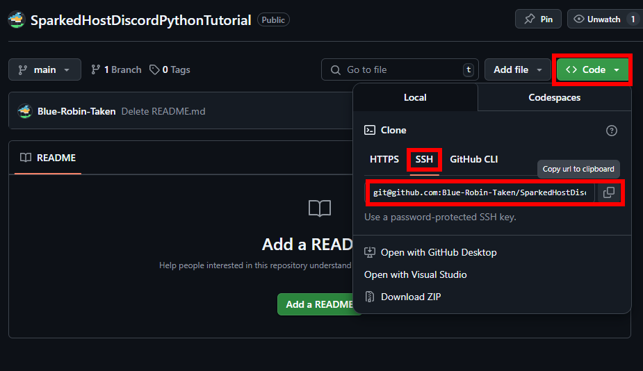 Getting the repository's ssh link