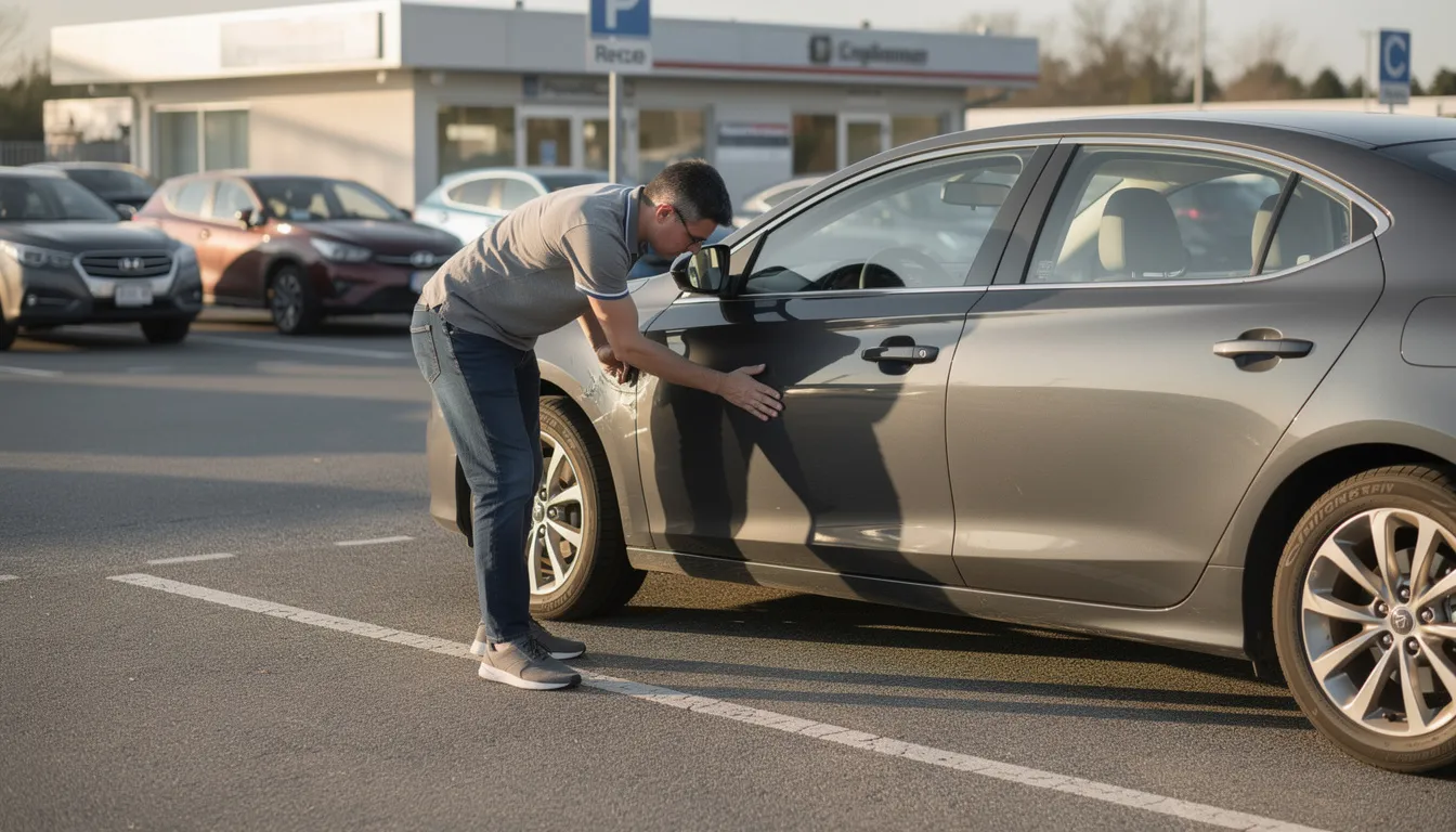 Une personne examine minutieusement la carrosserie d'une voiture de location dans un parking, à la recherche de dommages tels que des rayures ou des bosses. Ce contrôle est essentiel pour éviter des frais supplémentaires lors de la restitution du véhicule.