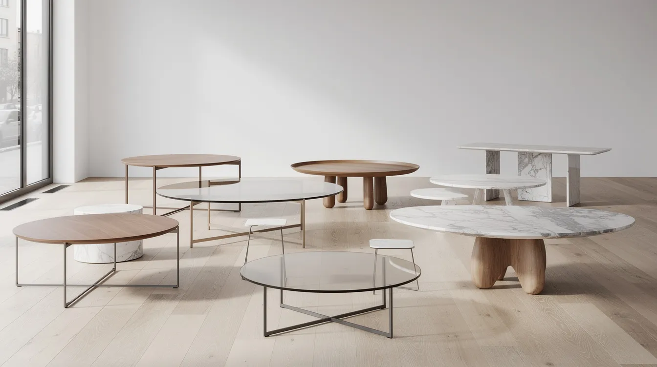 I ett ljust showroom visas många olika soffbord i material som trä, glas och marmor, där du kan välja rätt stil och höjd på soffbordet för ditt vardagsrum. Bordens olika former och storlekar ger en elegant känsla och passar bra framför soffan eller tv:n.