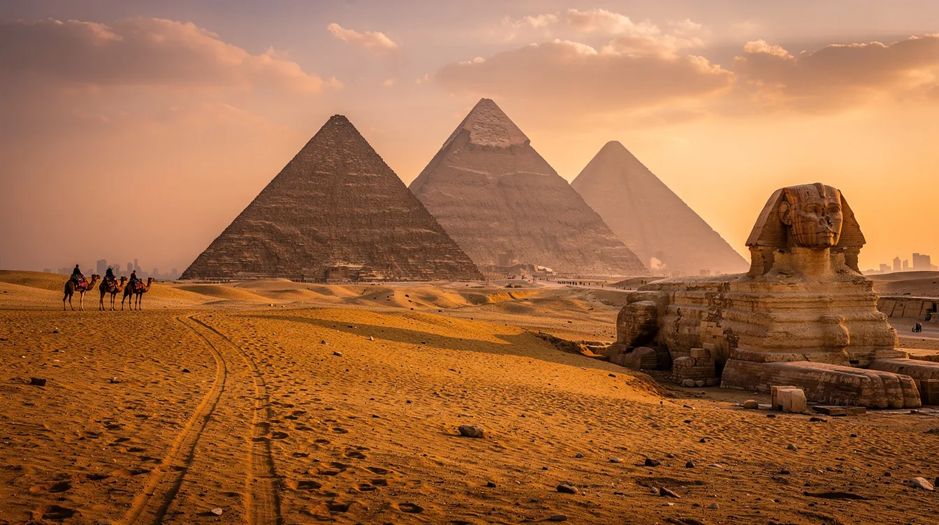 A imagem mostra as majestosas pirâmides do Egito, localizadas na planície de Gizé, com o deserto ao fundo e turistas admirando as estruturas monumentais que remontam ao Antigo Egito. Ao lado, pode-se ver o imponente templo de Luxor, um dos principais destinos turísticos da região.