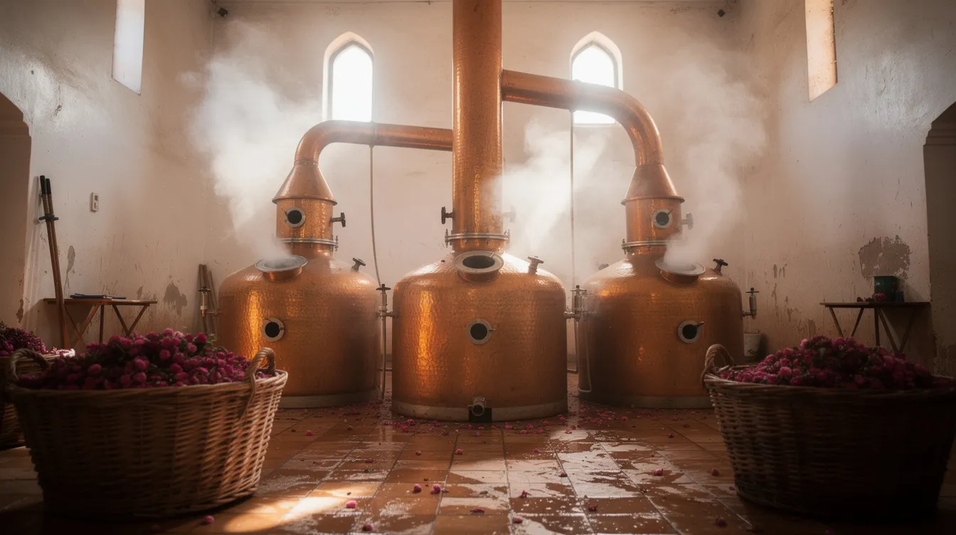 The image depicts traditional copper distillation equipment inside a Moroccan rose distillery, with steam rising from the apparatus. Surrounding the equipment are fresh damask rose petals, highlighting the region's rich rose harvest and the production of rose oil, a key product celebrated during the annual rose festival in the valley of roses.