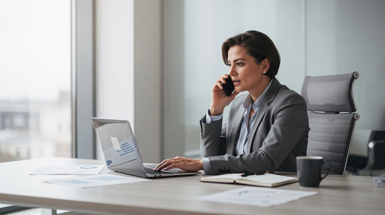 Un professionnel est assis à son bureau, tenant un téléphone à l'oreille tout en consultant un ordinateur portable ouvert, probablement en train de travailler sur une stratégie de prospection commerciale pour trouver de nouveaux clients. L'environnement de bureau est organisé, reflétant une approche méthodique et professionnelle de la vente.