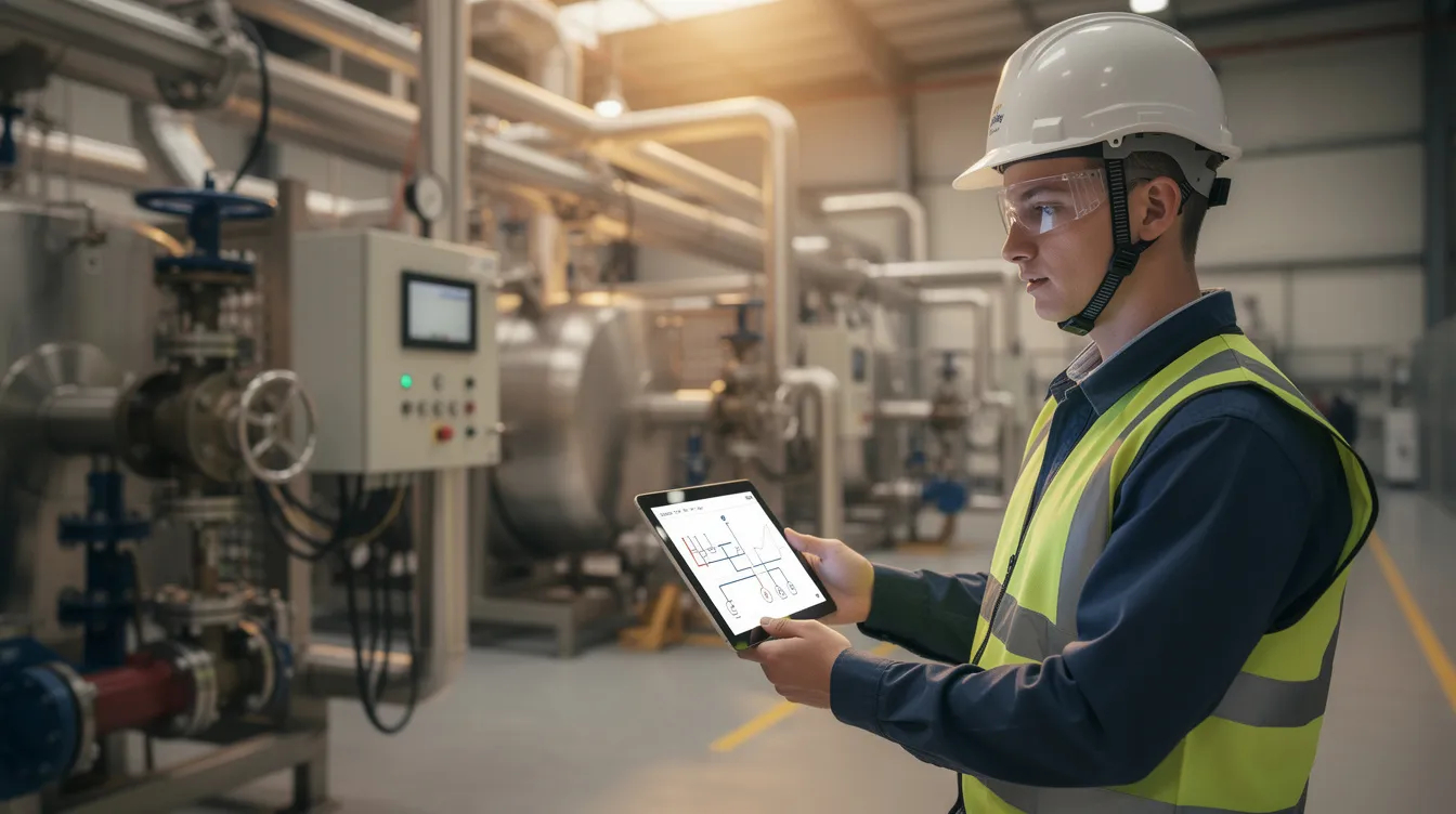 An apprentice is focused on using a tablet to manage administrative tasks while standing next to advanced industrial equipment, showcasing the integration of digital tools in apprenticeship programs. This scene highlights the importance of skill development and tracking progress in on-the-job training for future workforce success.